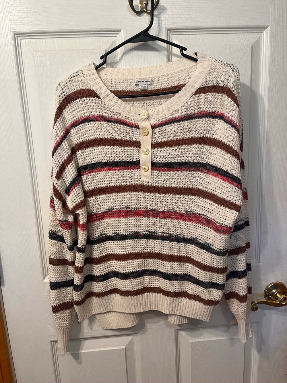 American Eagle Cream Striped Button Henley Sweater - Unbranded